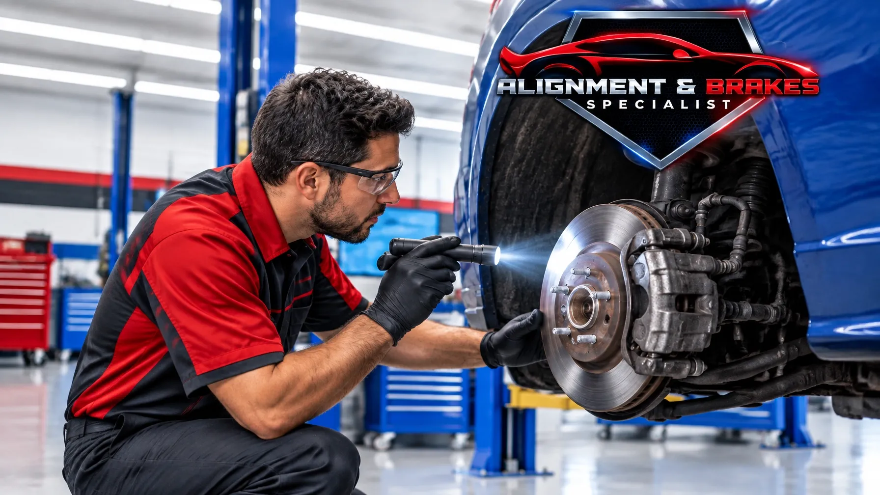 Technician inspecting a brake rotor and caliper in the shop