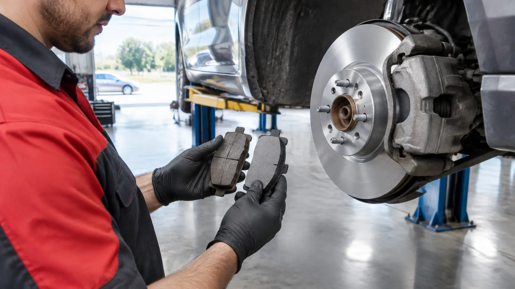 Illustrative image comparing a worn brake pad with a new brake pad next to a rotor and caliper