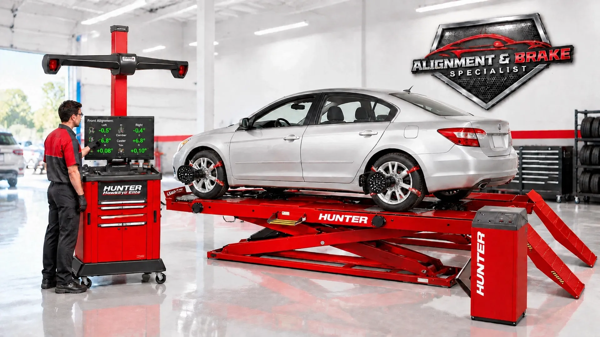 Hunter HawkEye Elite wheel alignment system in the Alignment & Brake Specialist service bay