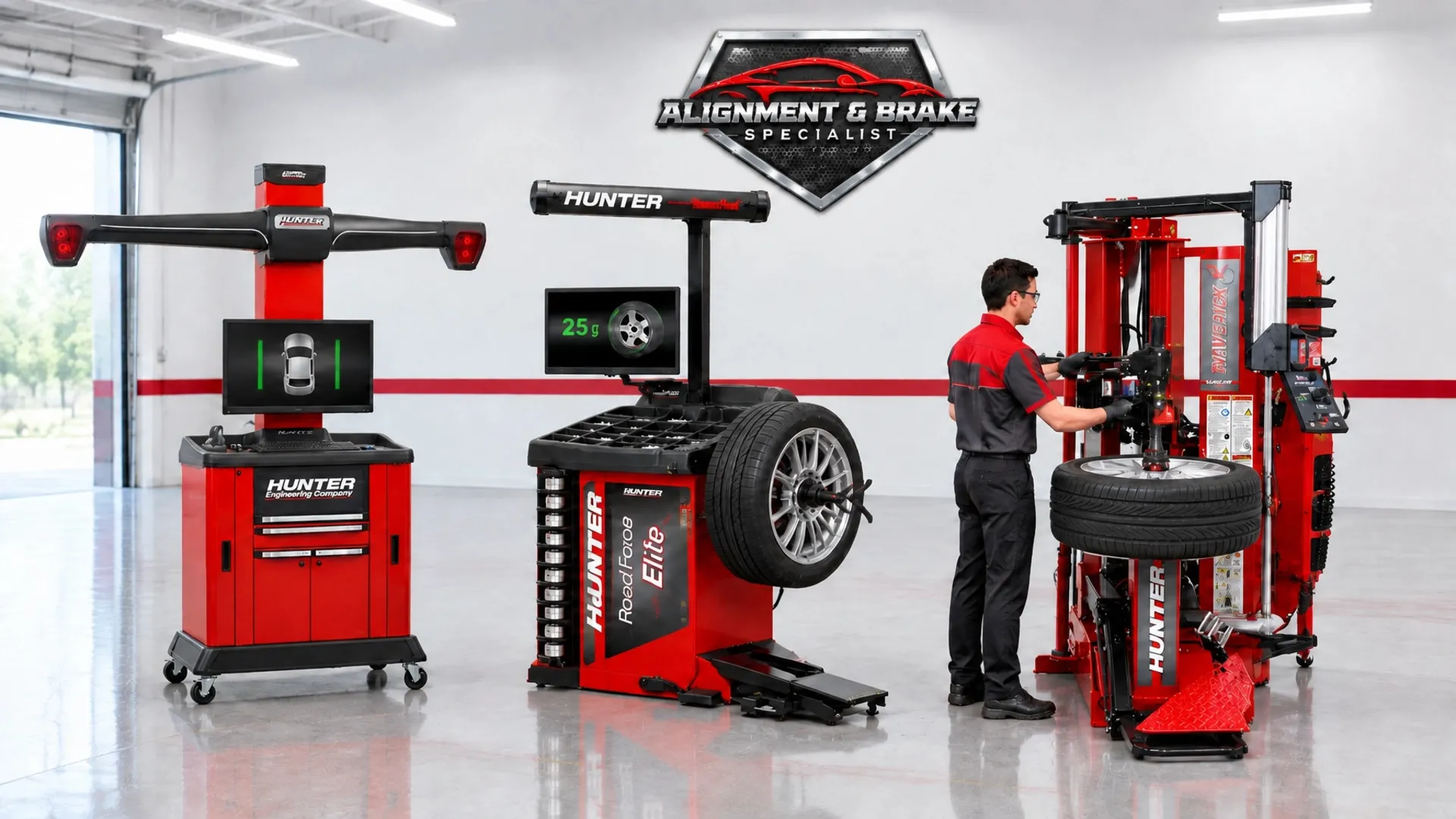 Hunter alignment, wheel balancing and tire changing equipment in the Alignment & Brake Specialist service bay in Killeen, TX