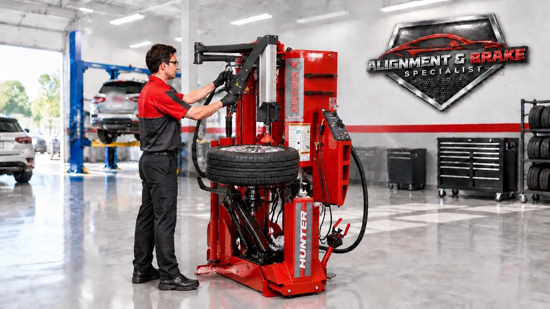 Hunter Maverick TCMW leverless tire changer in the Alignment & Brake Specialist shop