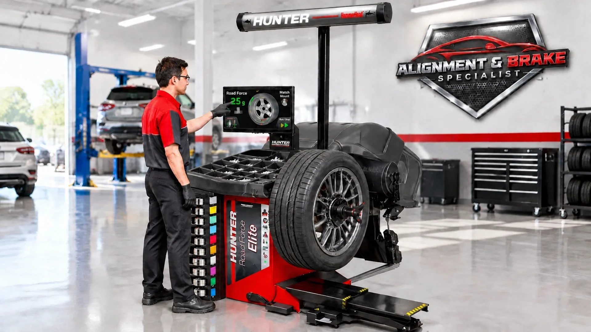 Hunter Road Force Elite wheel balancer in the Alignment & Brake Specialist shop