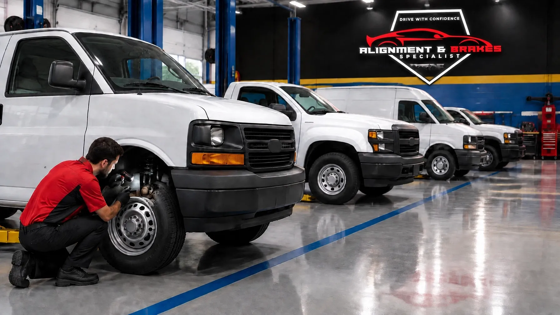 Technician servicing a fleet vehicle wheel in the Alignment & Brakes Specialist shop