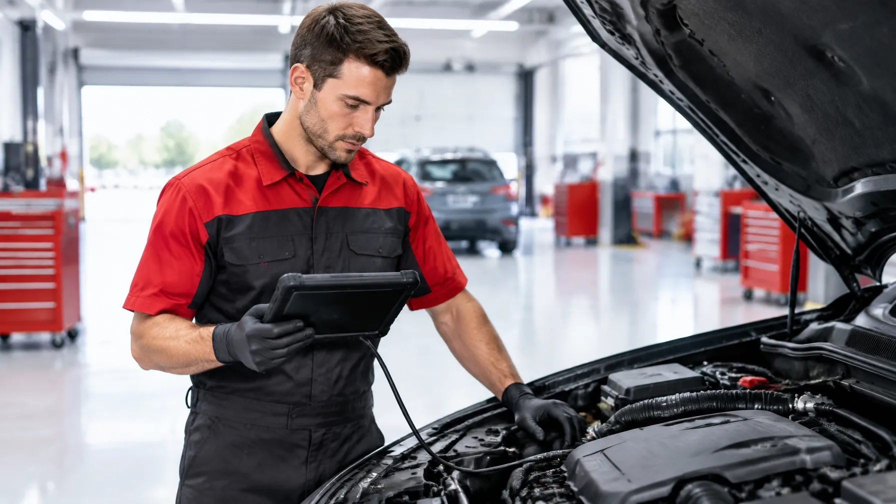Technician checking an engine with a diagnostic tablet