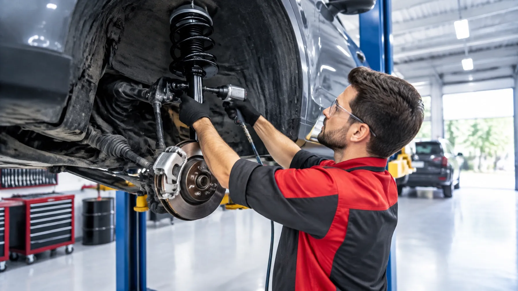 Vehicle suspension components being inspected in a professional automotive service bay