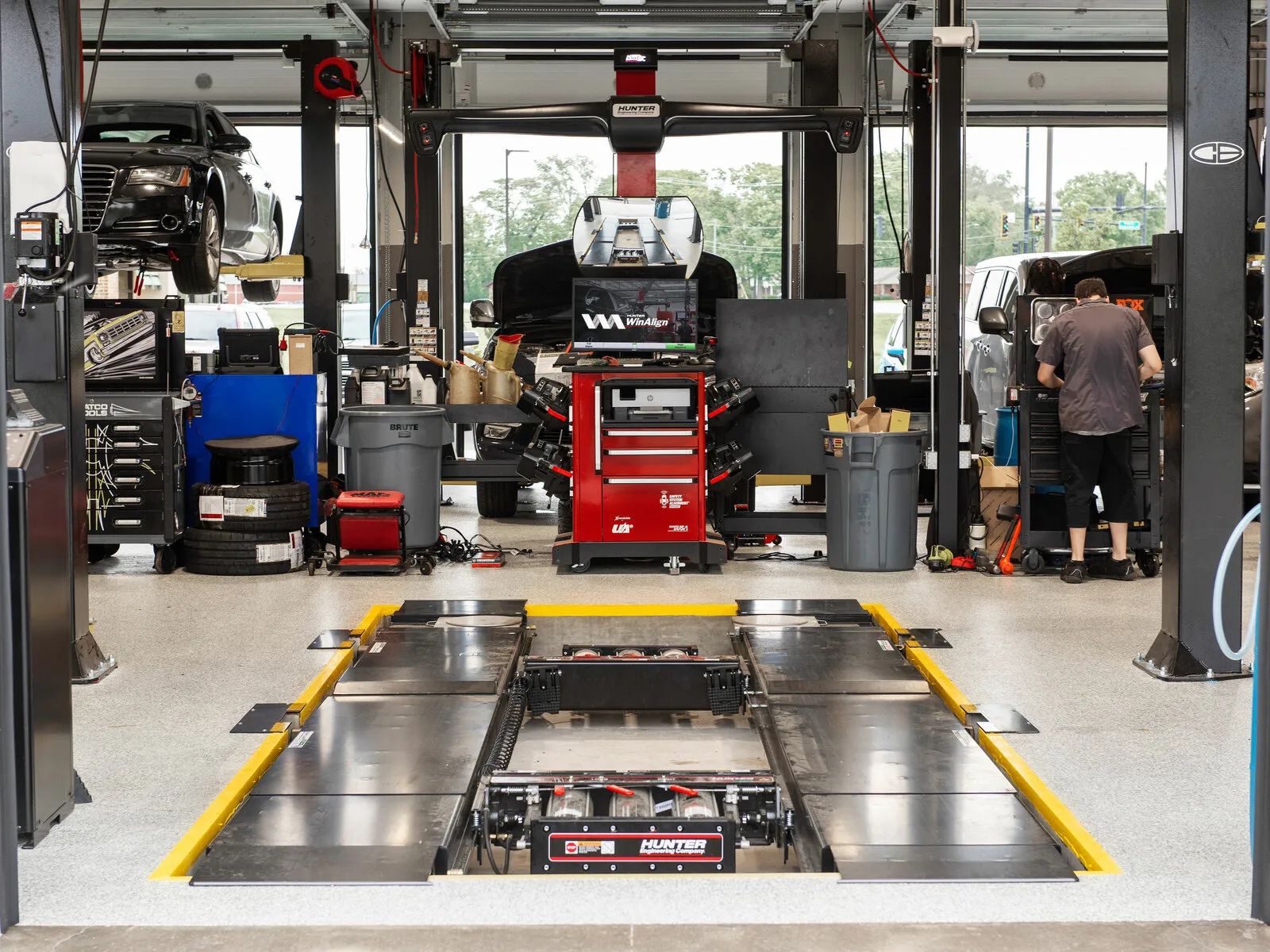 Wheel alignment equipment in a clean automotive service bay