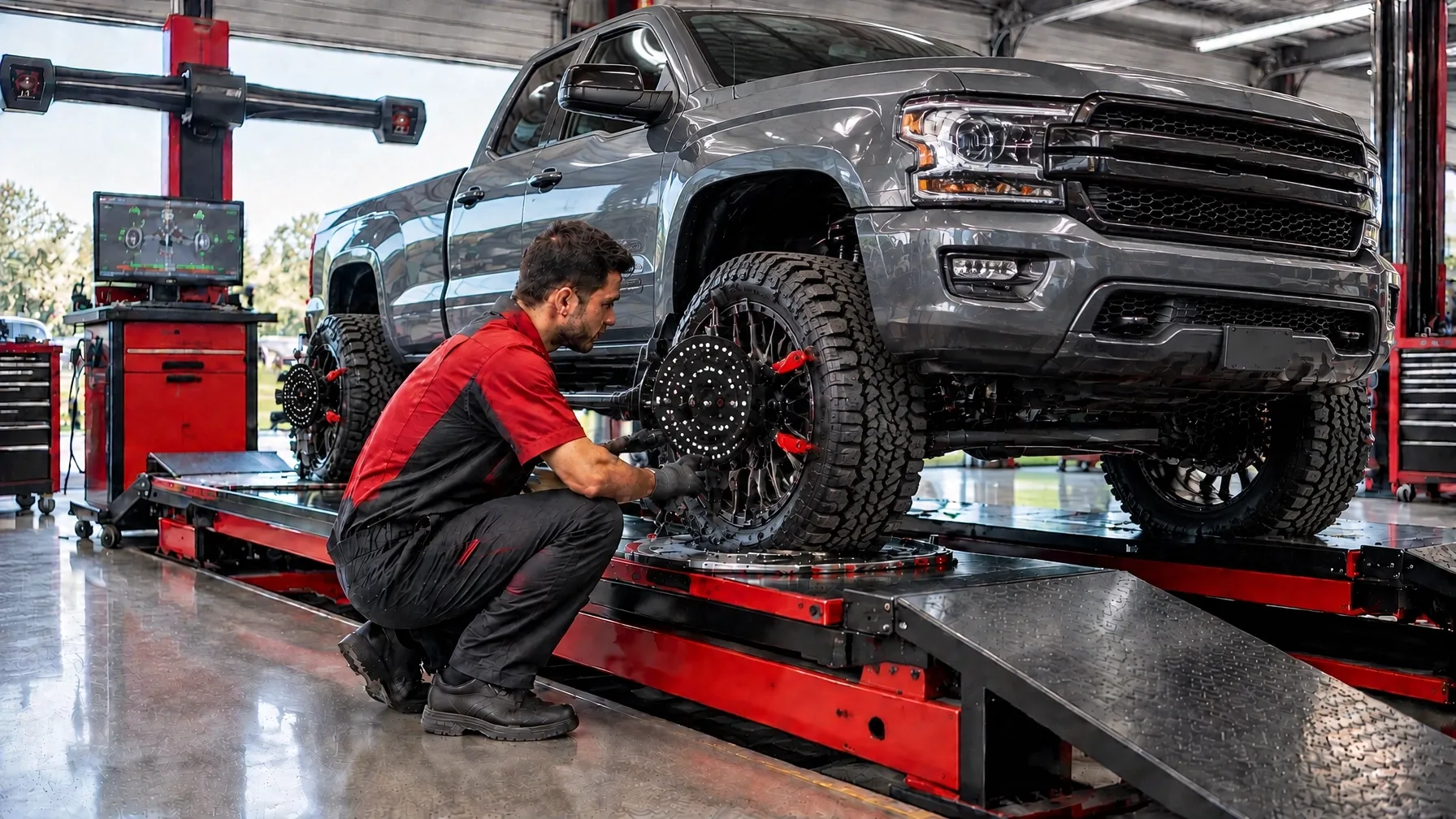 Illustration of a lifted pickup truck with an off-road lift kit on an alignment rack while a technician checks a circular target head clamped to the front wheel