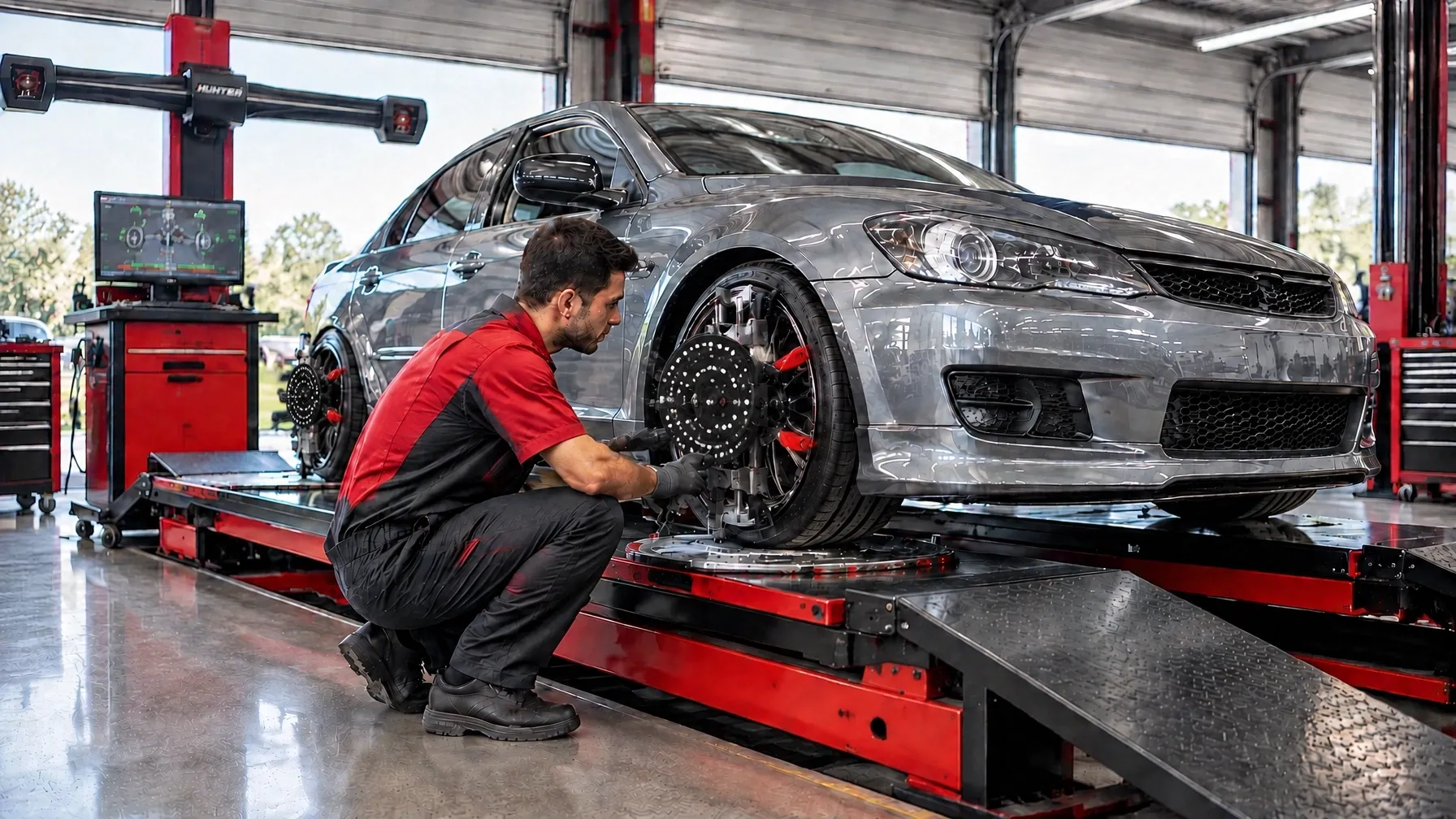 Illustration of a lowered sedan on an alignment rack with circular target heads clamped to the wheels while a technician inspects the front suspension