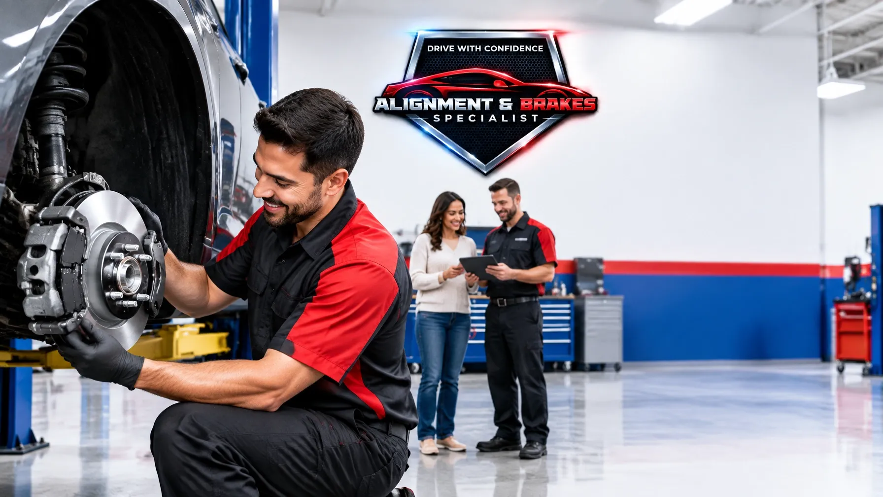 Alignment & Brake Specialist shop interior with a technician working on a brake assembly