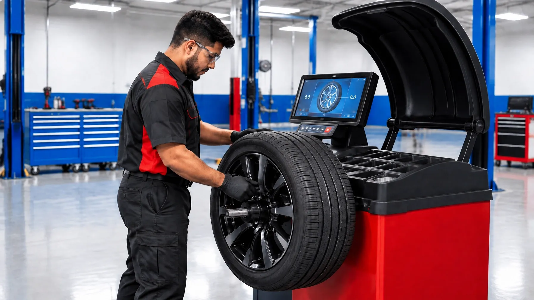 Technician mounting a tire on a wheel service machine